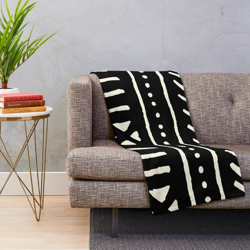 African mud cloth inspired black and white plush blanket