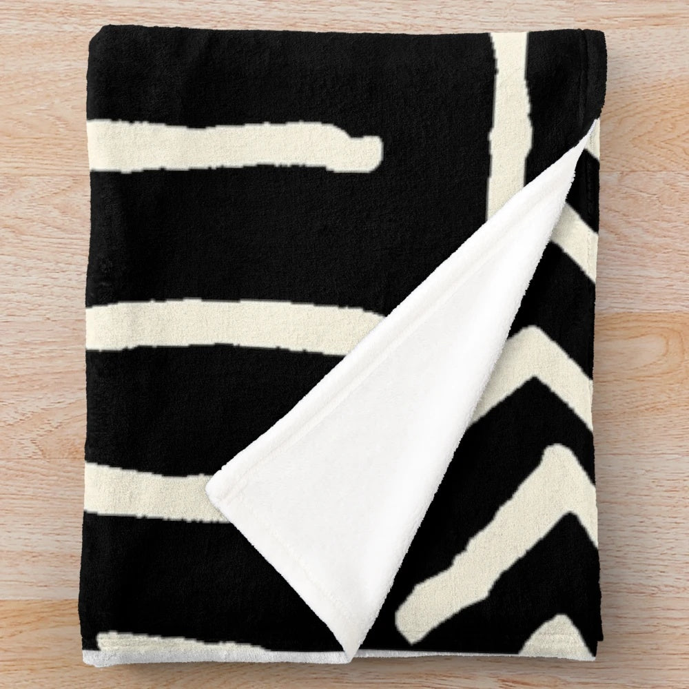 African mud cloth inspired black and white plush blanket