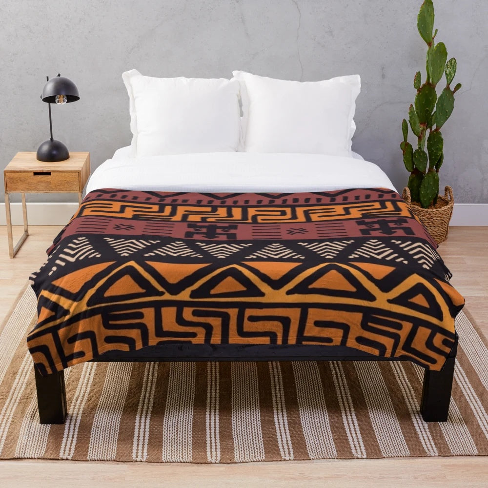 Ethnic tribal print plush blanket with abstract African inspired design