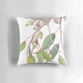 Vibrant watercolor illustration of an Australian eucalyptus tree branch on a high-quality throw pillow.