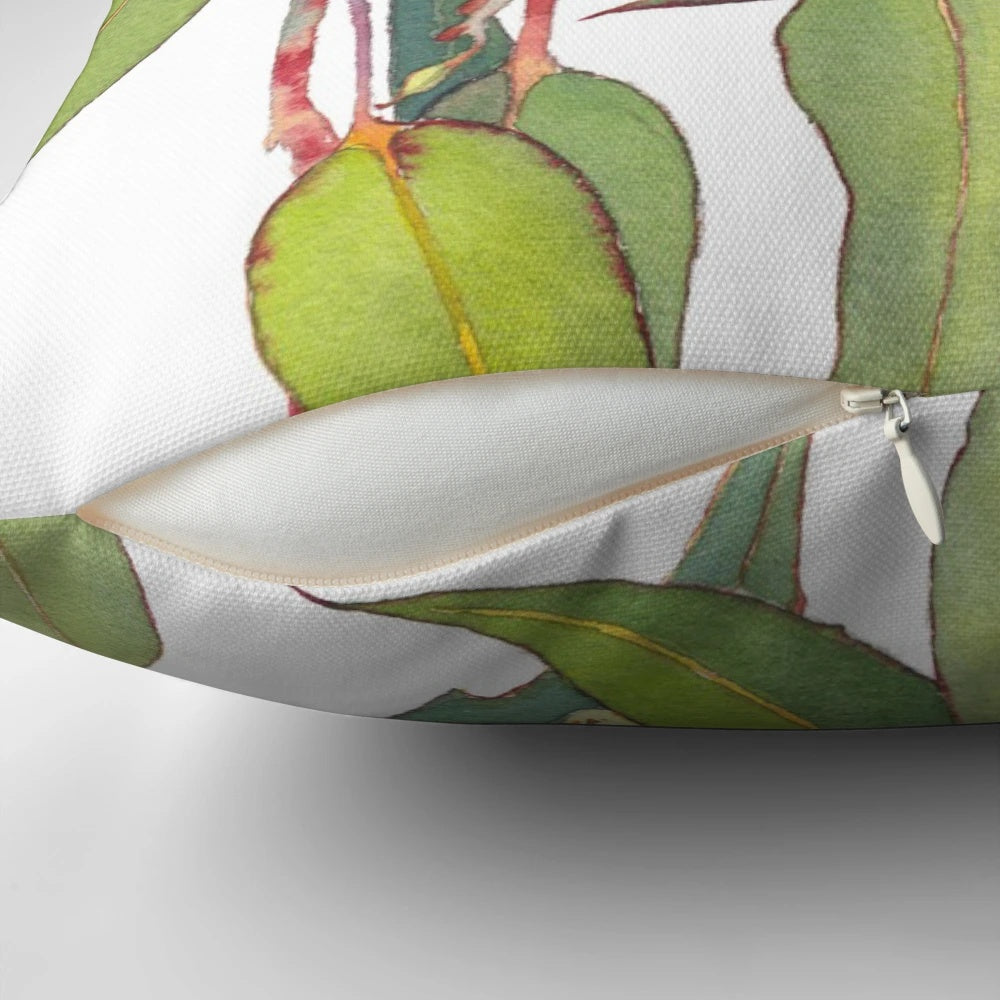 Vibrant watercolor illustration of an Australian eucalyptus tree branch on a high-quality throw pillow.