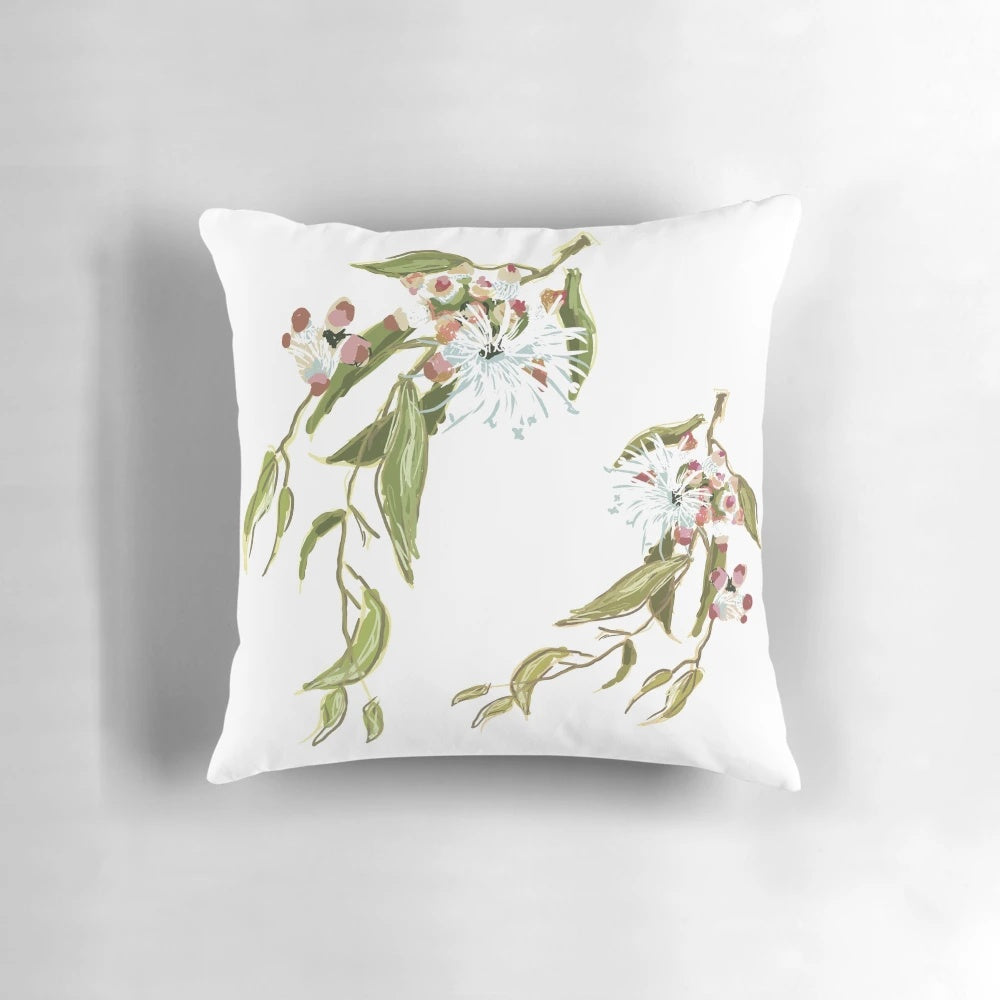 Soft, green pillow featuring a beautiful pattern of native Australian eucalyptus flowers and gum nuts