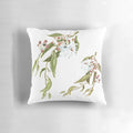 Soft, green pillow featuring a beautiful pattern of native Australian eucalyptus flowers and gum nuts
