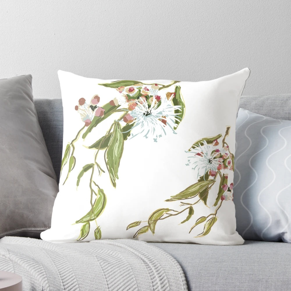 Soft, green pillow featuring a beautiful pattern of native Australian eucalyptus flowers and gum nuts