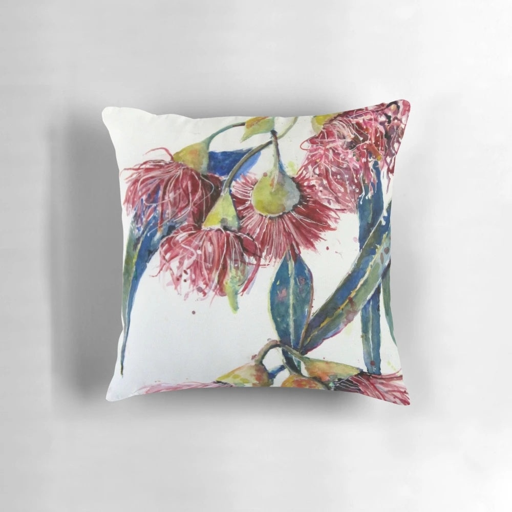 Eucalyptus gum blossom throw pillow featuring vibrant floral design