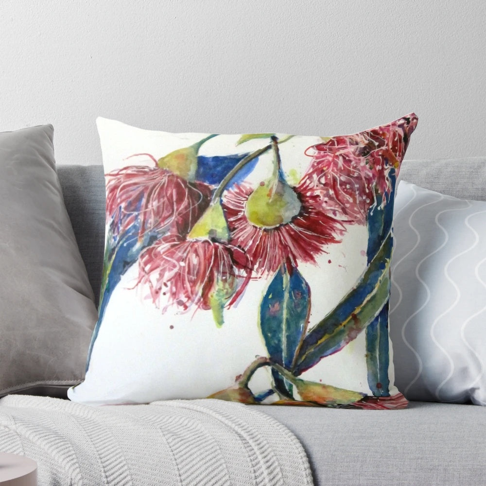 Eucalyptus gum blossom throw pillow featuring vibrant floral design