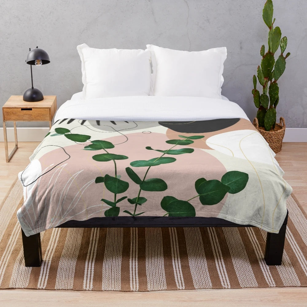 Eucalyptus palm plush blanket with tropical nature artwork