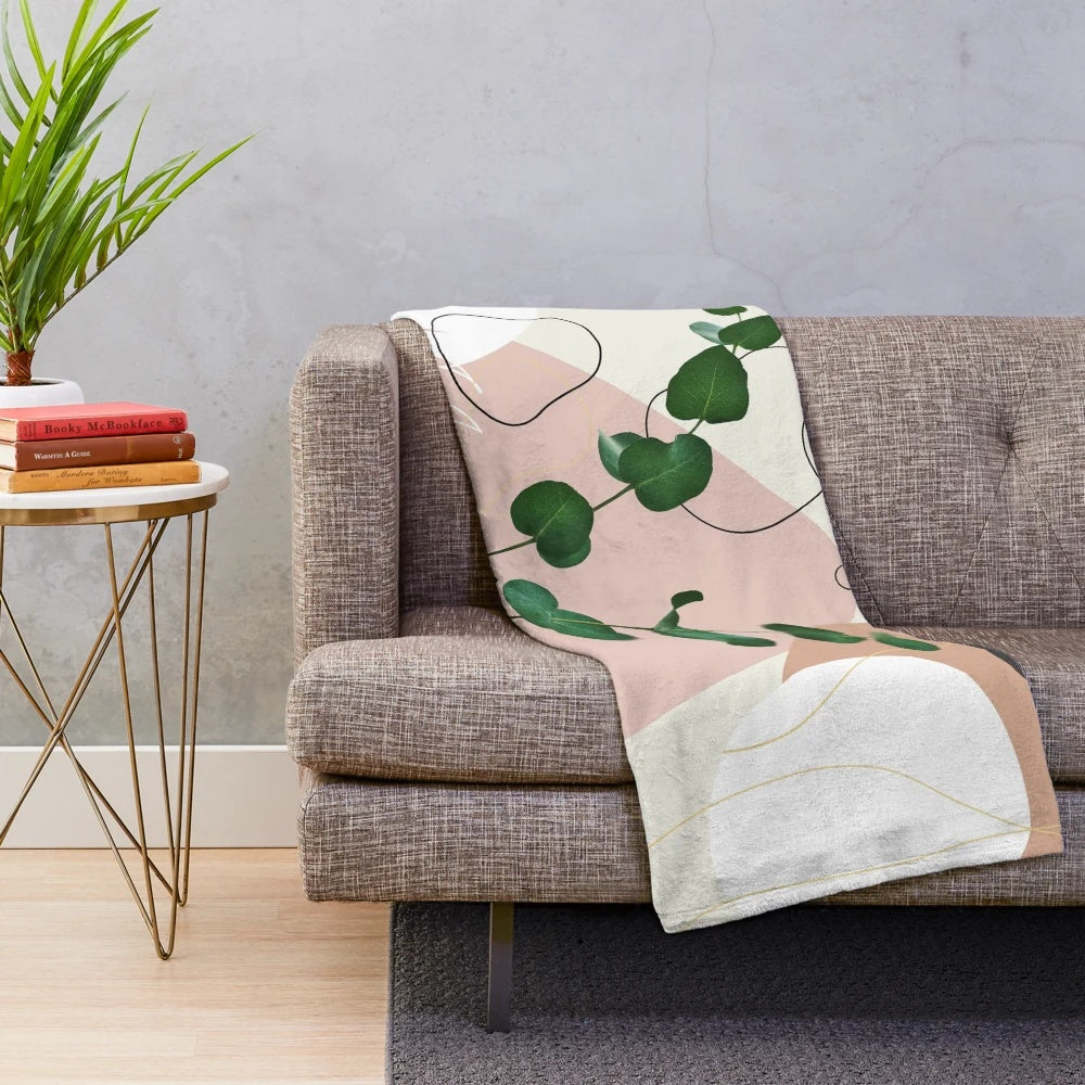 Eucalyptus palm plush blanket with tropical nature artwork