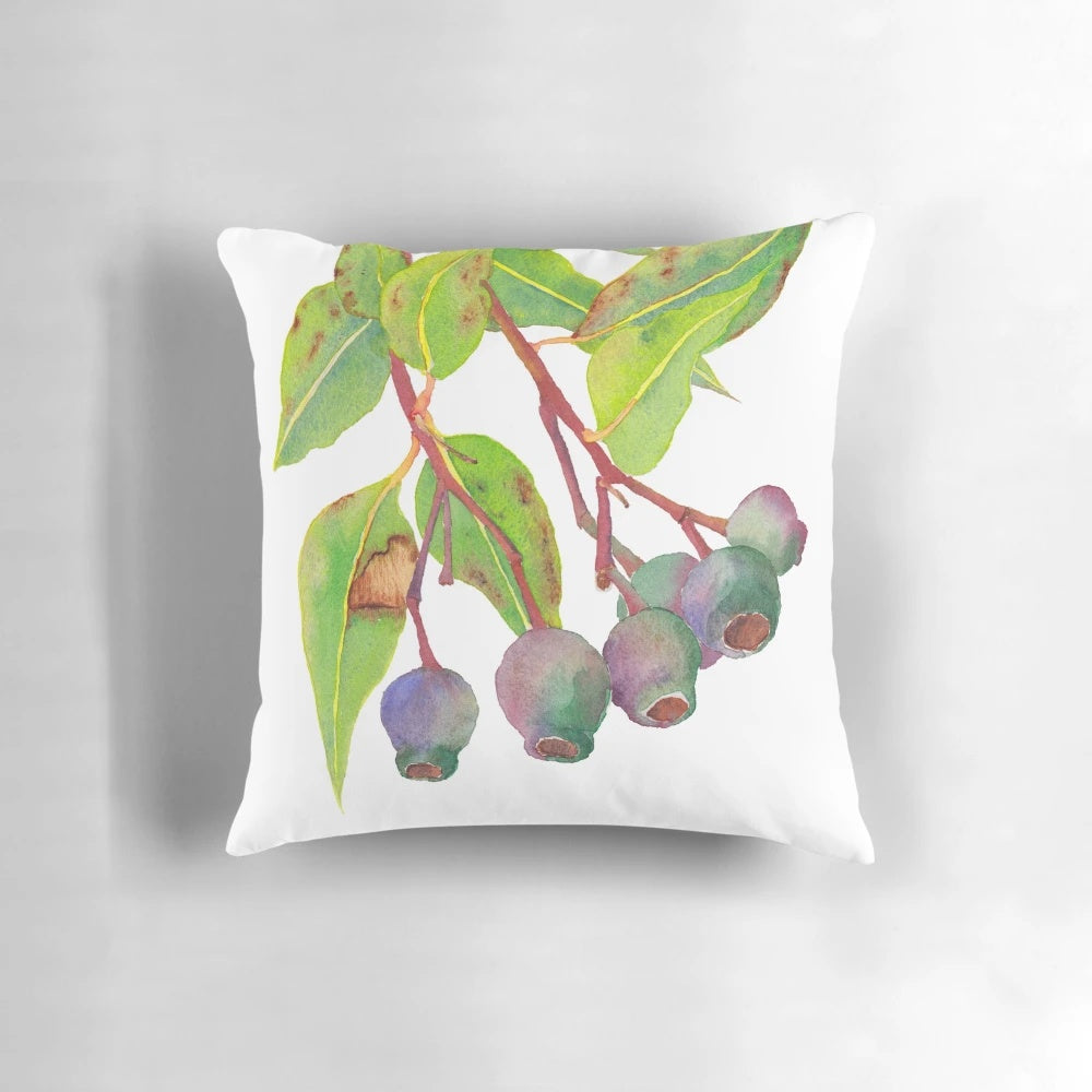 Vibrant watercolor artwork featuring eucalyptus gum tree branches and gum nuts on a soft, high-quality pillow.