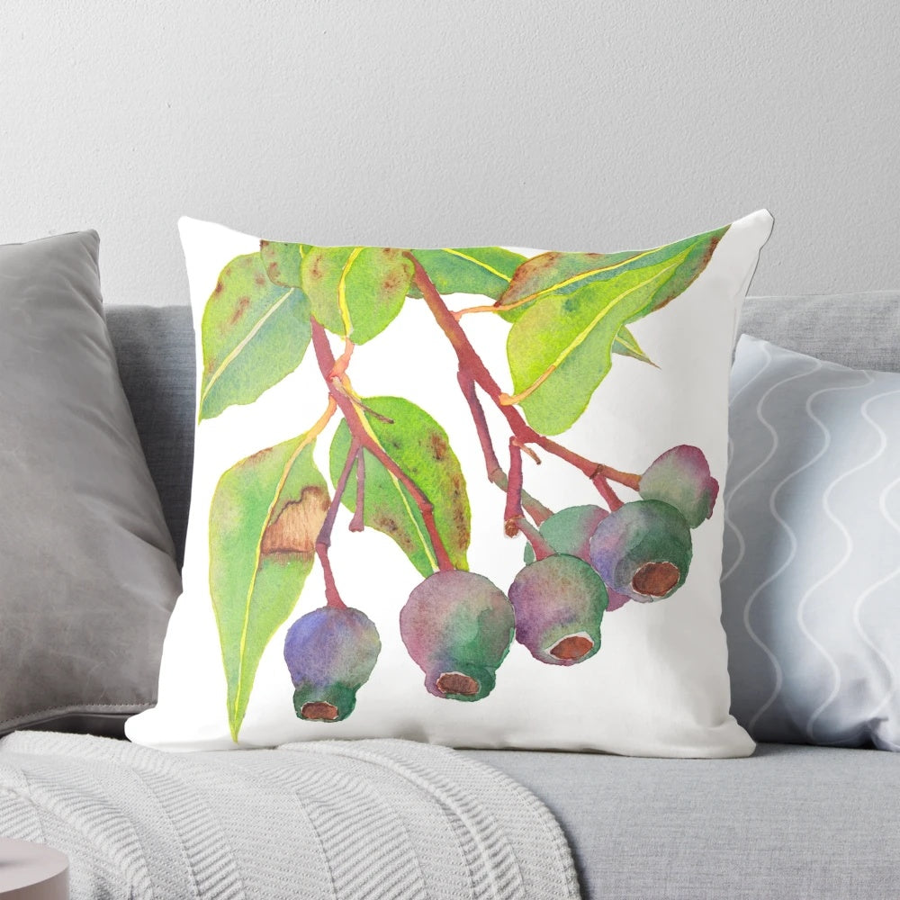 Vibrant watercolor artwork featuring eucalyptus gum tree branches and gum nuts on a soft, high-quality pillow.
