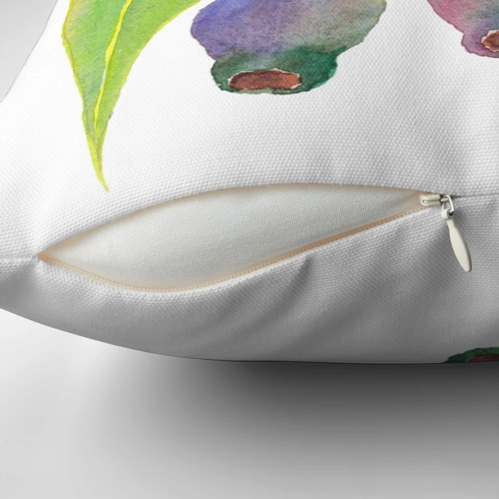 Vibrant watercolor artwork featuring eucalyptus gum tree branches and gum nuts on a soft, high-quality pillow.