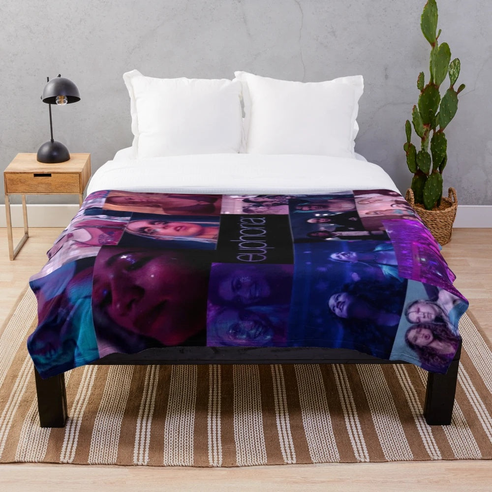 Euphoria-inspired plush blanket featuring a collage of characters from the hit TV show