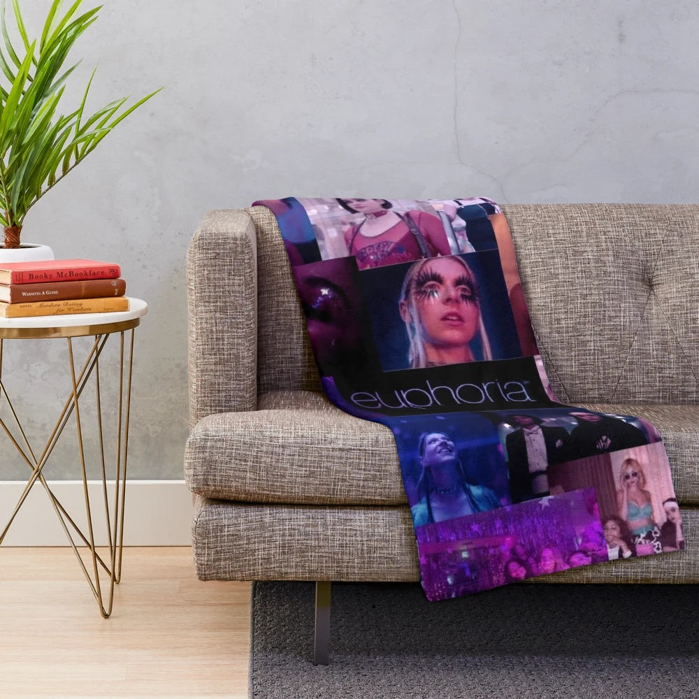 Euphoria-inspired plush blanket featuring a collage of characters from the hit TV show