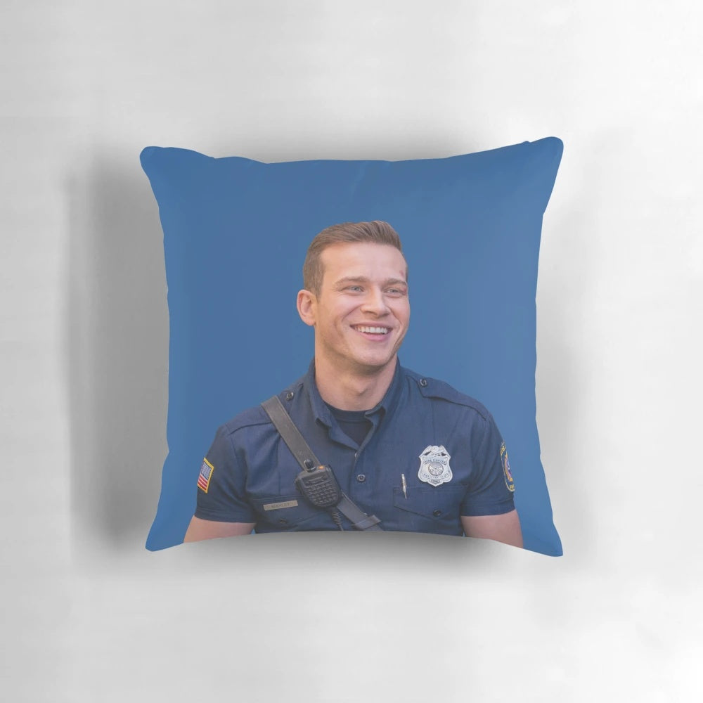 A digital portrait of Evan Buckley, a character from the TV show 911, printed on a high-quality pillow.