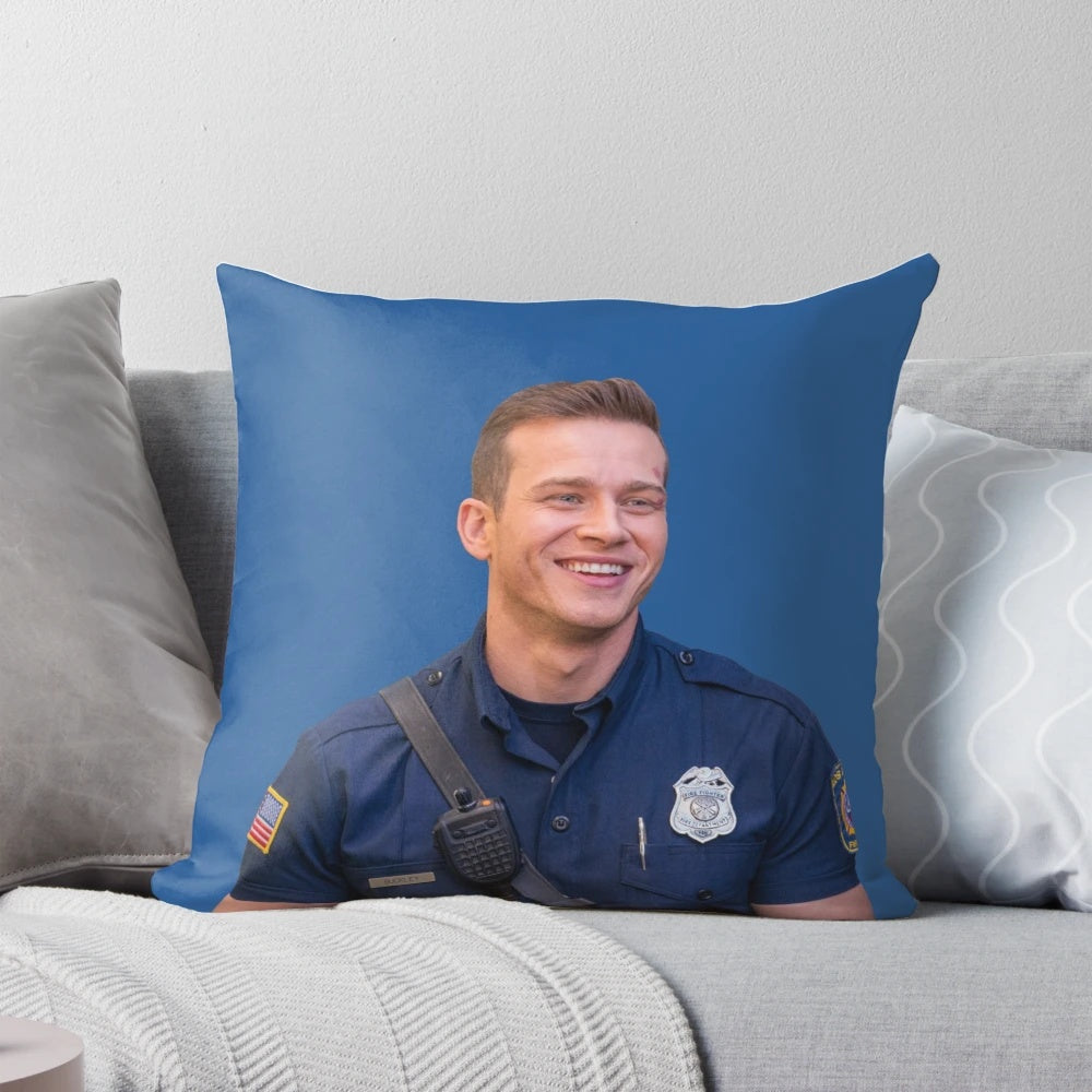 A digital portrait of Evan Buckley, a character from the TV show 911, printed on a high-quality pillow.