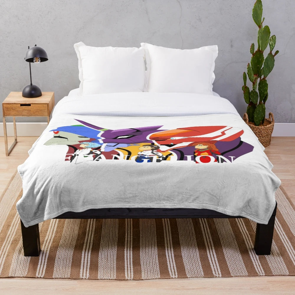 Evangelion-inspired plush blanket featuring characters from the iconic anime series