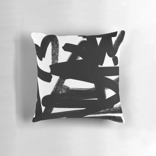 "Thinking Out Loud Pillow - A modern, abstract black and white throw pillow with textured brush strokes"