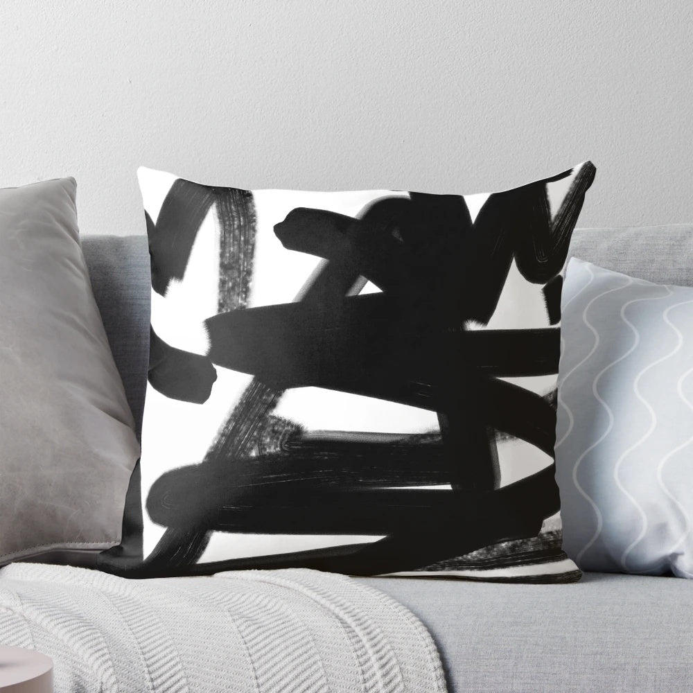 "Thinking Out Loud Pillow - A modern, abstract black and white throw pillow with textured brush strokes"