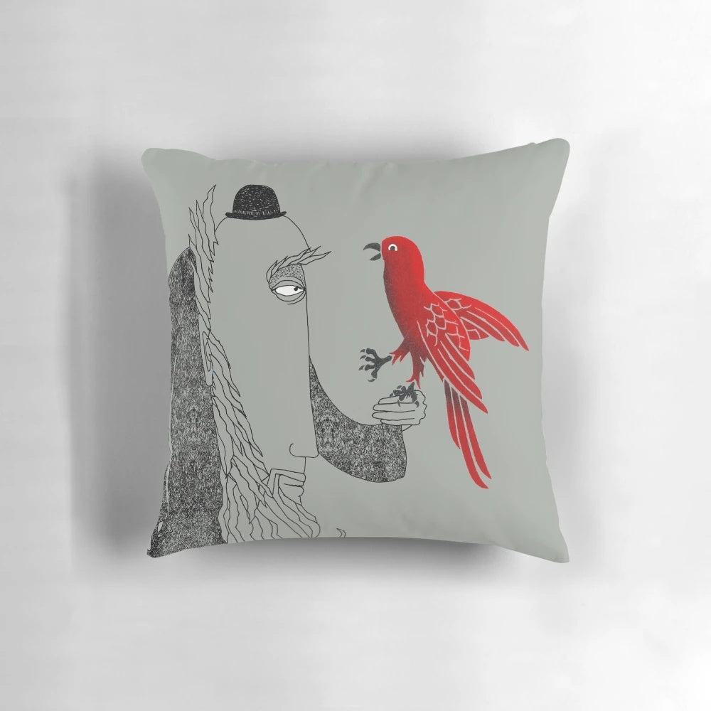 Decorative throw pillow featuring a line drawing of a red bird, inspired by the work of Charles Darwin and the evolution of species.