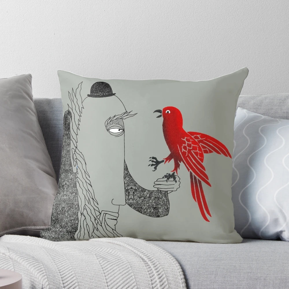 Decorative throw pillow featuring a line drawing of a red bird, inspired by the work of Charles Darwin and the evolution of species.