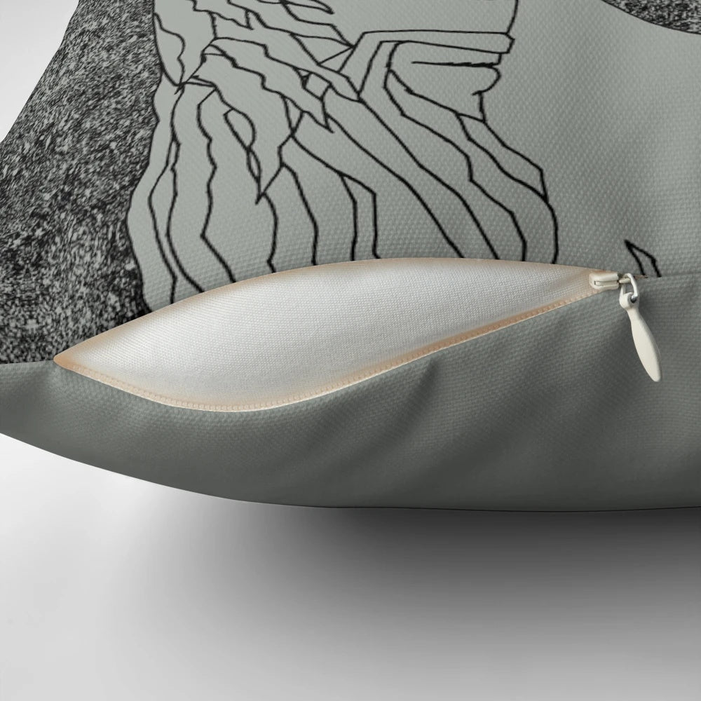 Decorative throw pillow featuring a line drawing of a red bird, inspired by the work of Charles Darwin and the evolution of species.