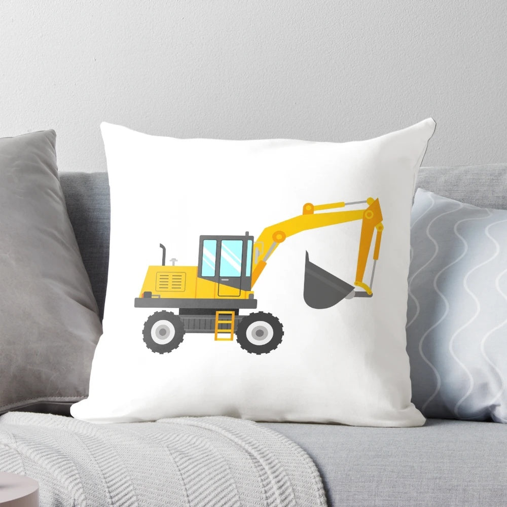A plush, soft pillow in the shape of an excavator construction vehicle, perfect for kids who love heavy machinery and construction equipment.