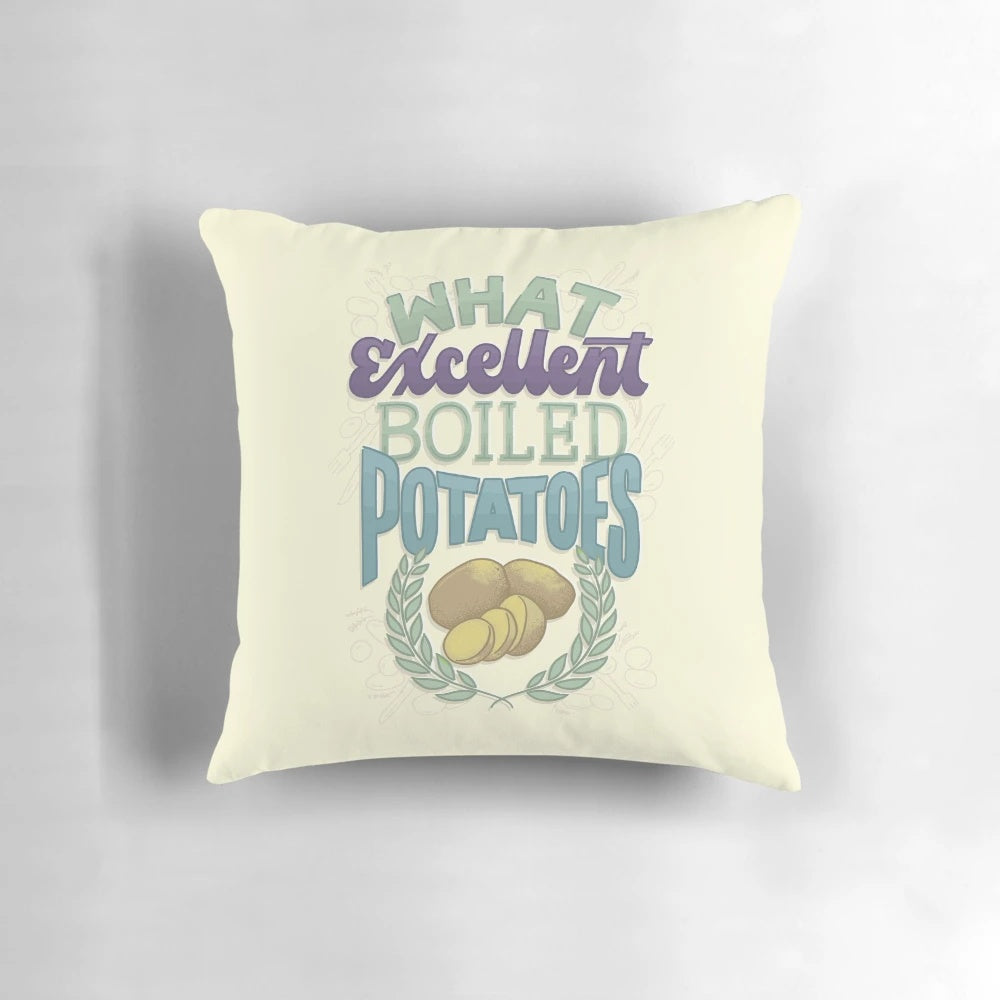 Excellent Boiled Potatoes Pillow featuring iconic characters from Pride and Prejudice