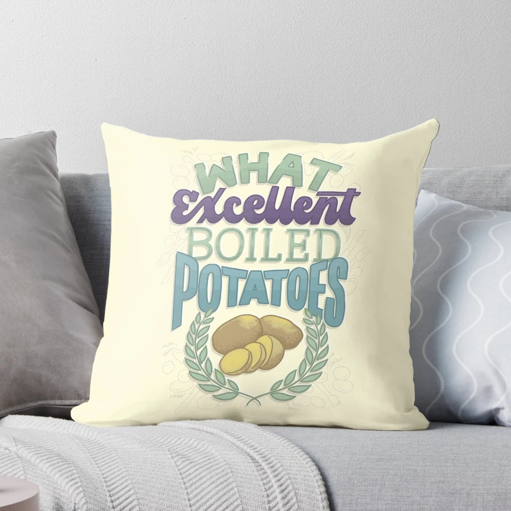 Excellent Boiled Potatoes Pillow featuring iconic characters from Pride and Prejudice