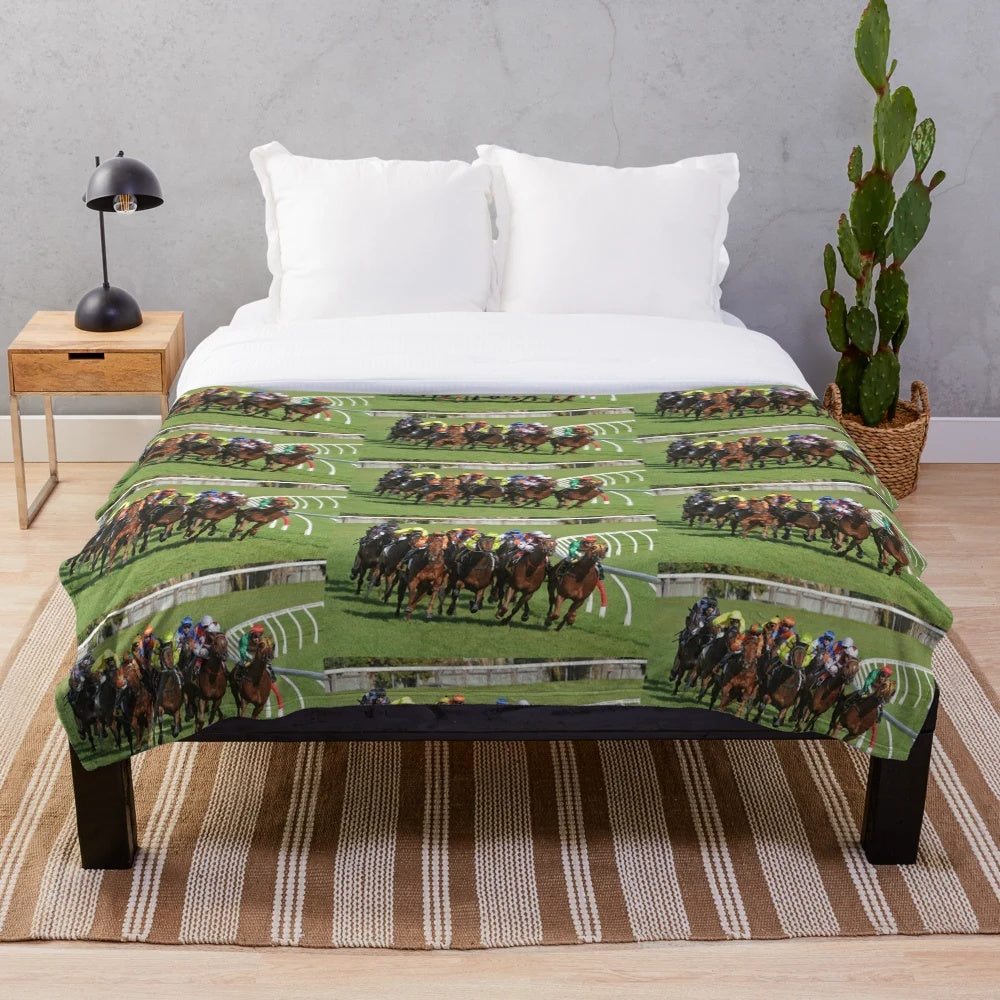 Plush blanket with horse racing action design