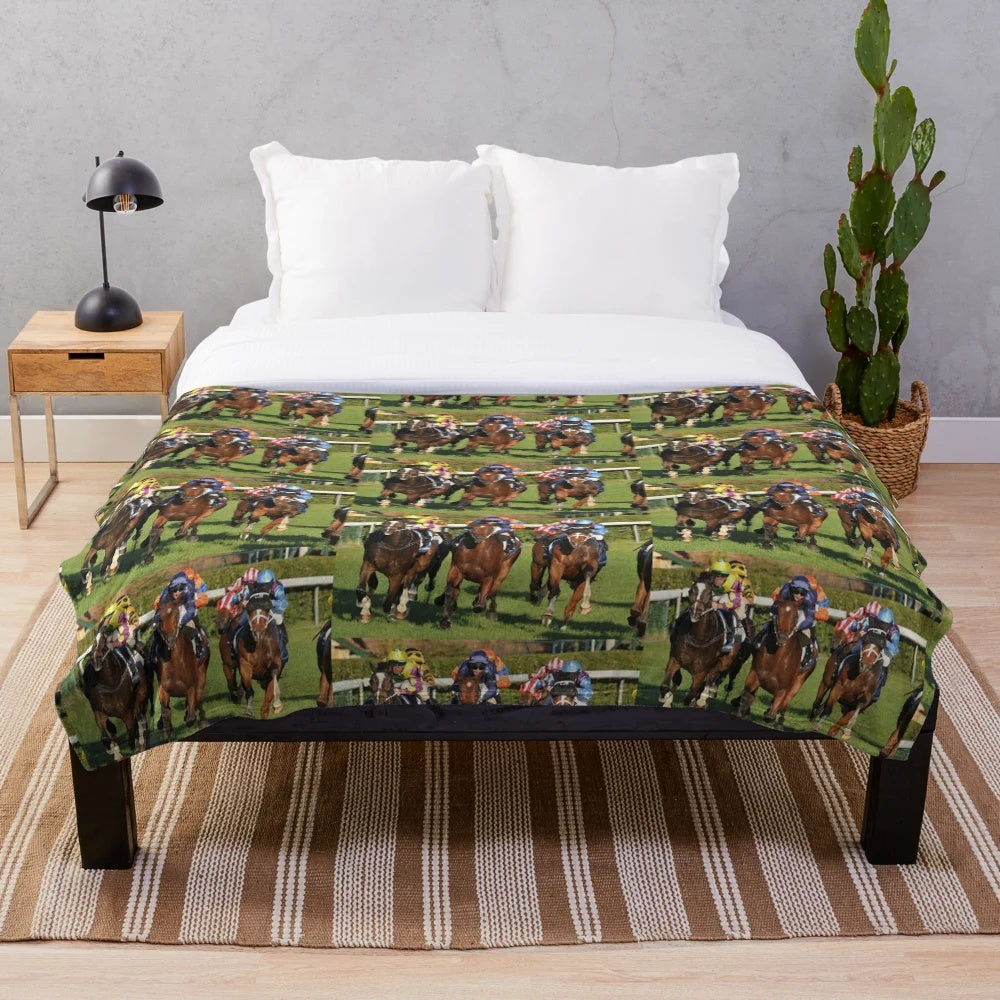 Horse racing action on a plush blanket for sports enthusiasts