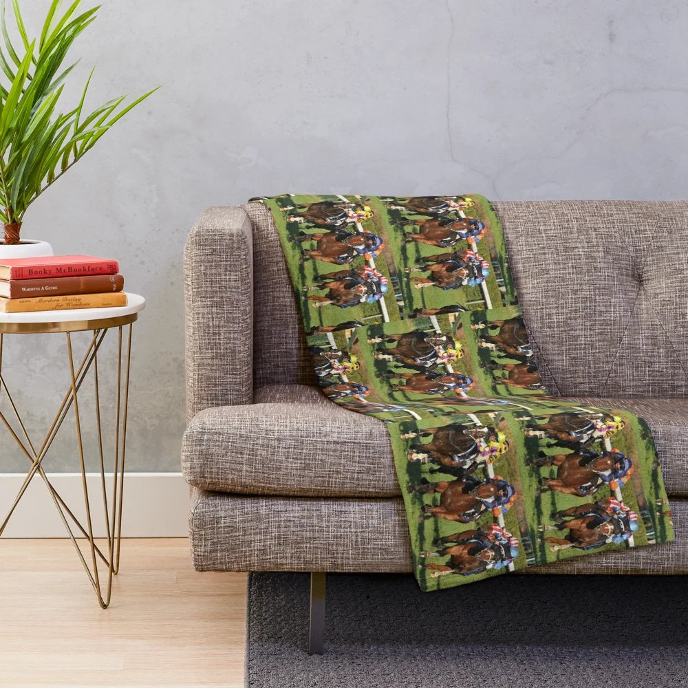 Horse racing action on a plush blanket for sports enthusiasts