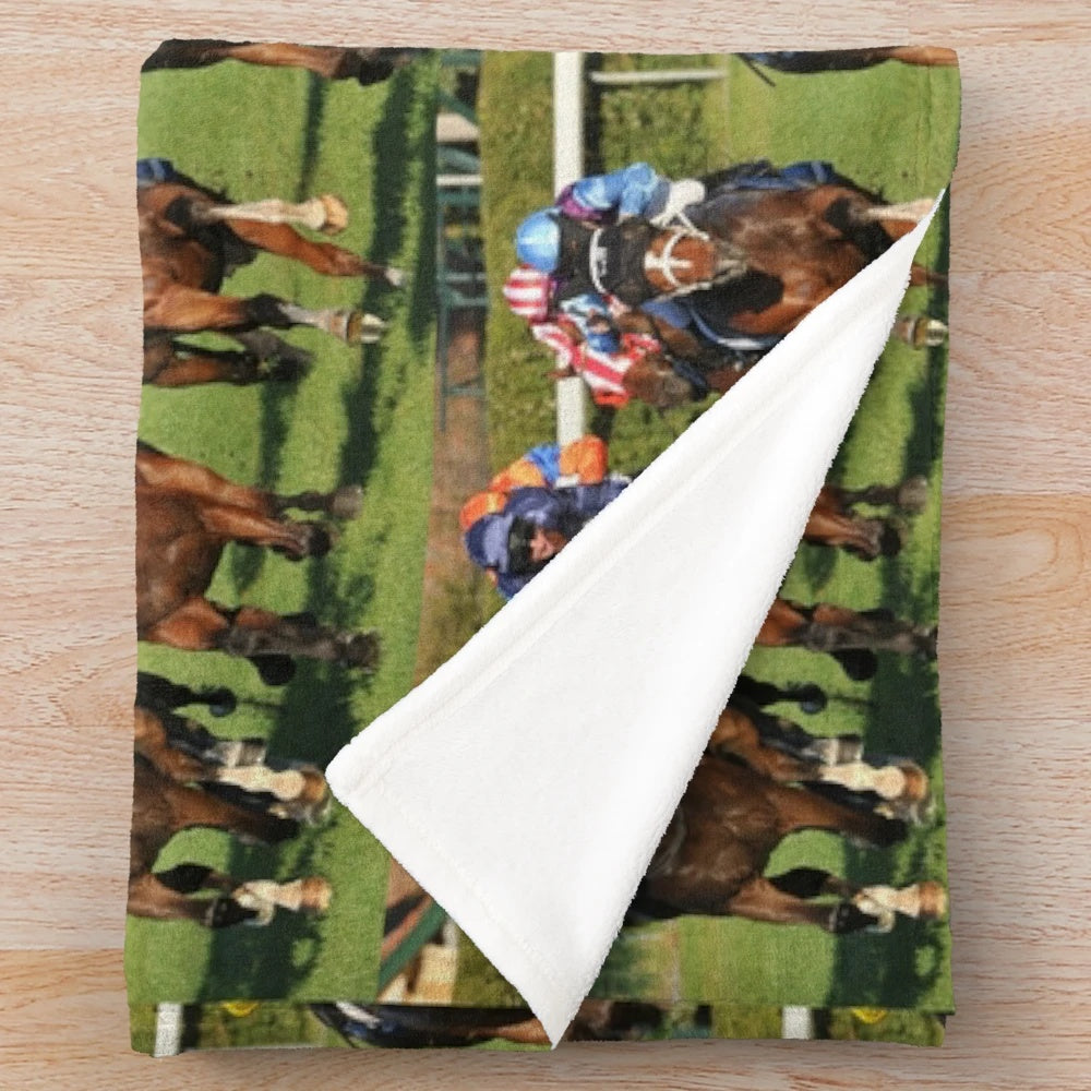 Horse racing action on a plush blanket for sports enthusiasts