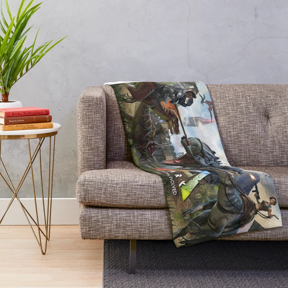Dinosaur plush blanket with ark, survival, evolution, and fantasy design