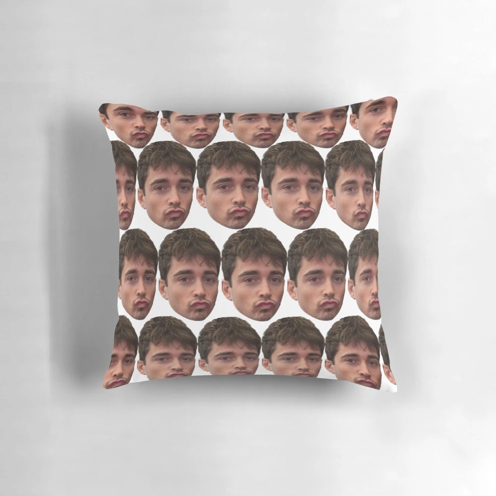 Soft, comfortable pillow featuring a close-up of Formula 1 driver Charles Leclerc's famous "kissy face" expression.