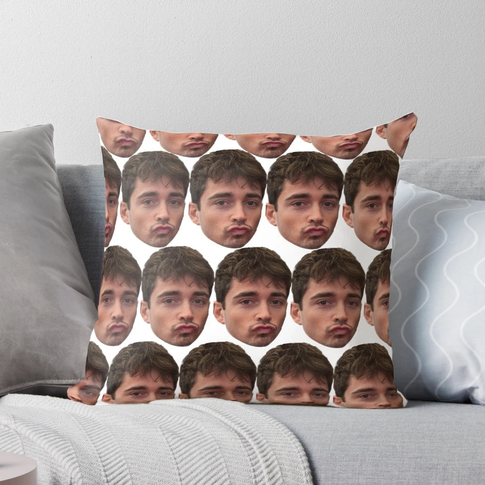 Soft, comfortable pillow featuring a close-up of Formula 1 driver Charles Leclerc's famous "kissy face" expression.