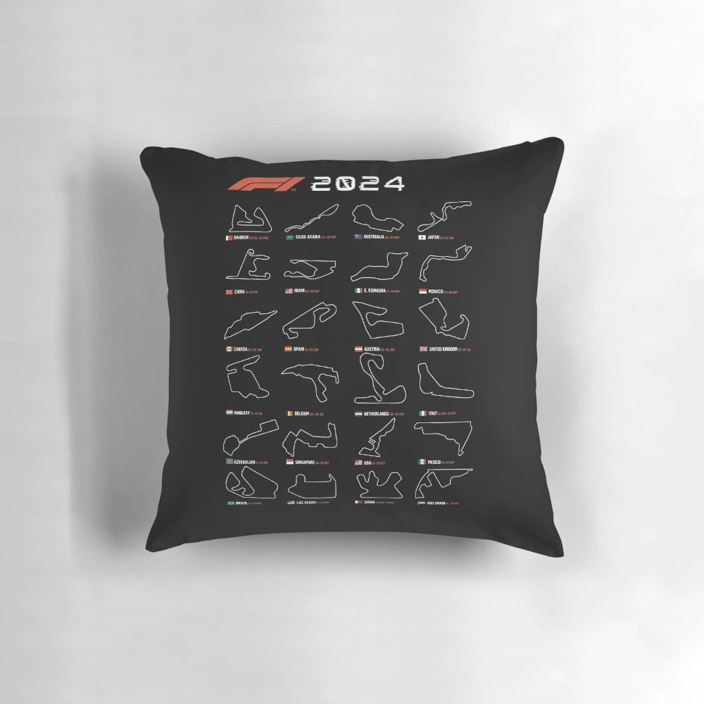Colorful F1 circuits pillow showcasing the iconic racetracks of Formula One