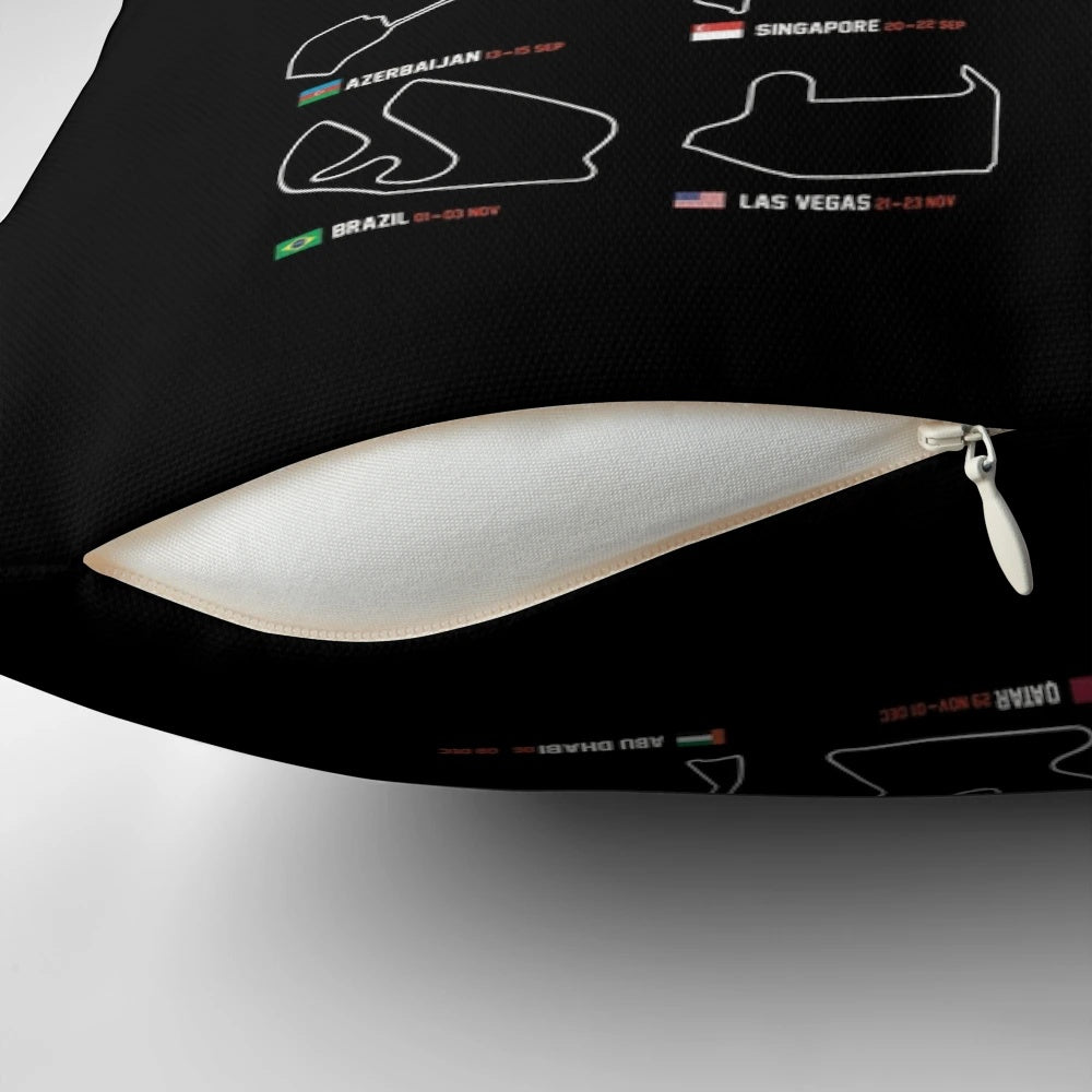 Colorful F1 circuits pillow showcasing the iconic racetracks of Formula One