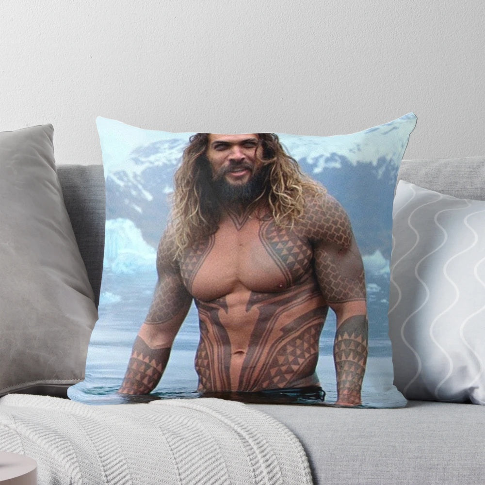 High-quality Jason Momoa themed pillow for movie fans and home decor enthusiasts