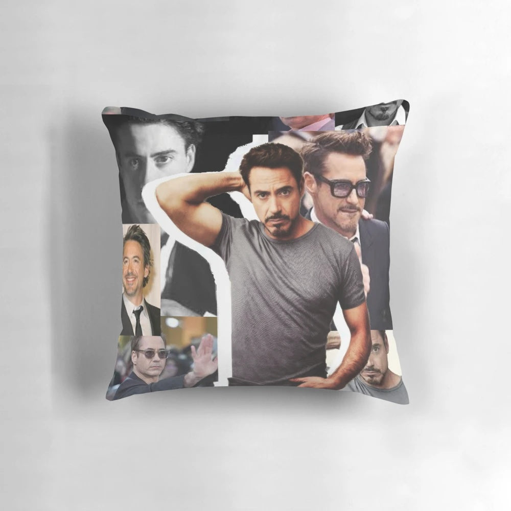 Vibrant collage of actor Robert Downey Jr. printed on a plush, high-quality pillow