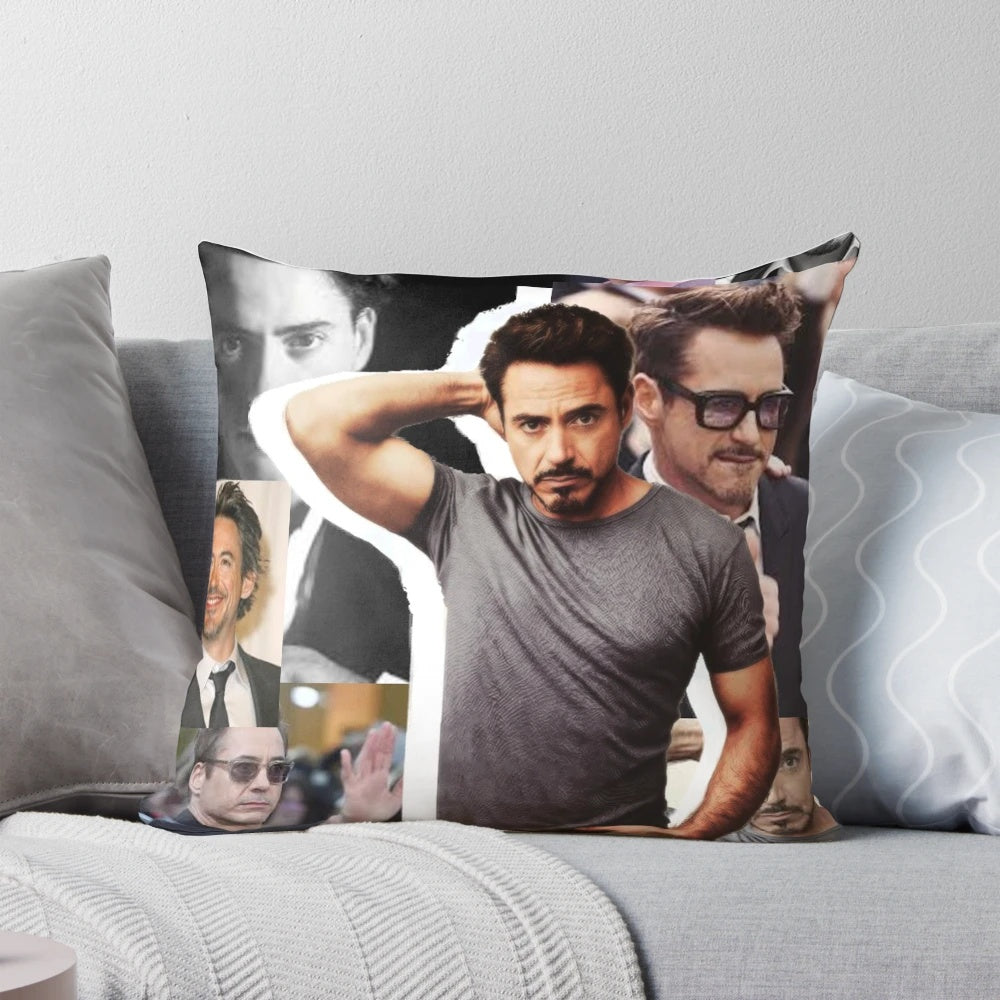 Vibrant collage of actor Robert Downey Jr. printed on a plush, high-quality pillow
