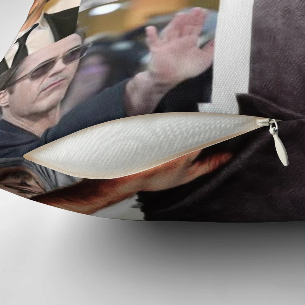 Vibrant collage of actor Robert Downey Jr. printed on a plush, high-quality pillow
