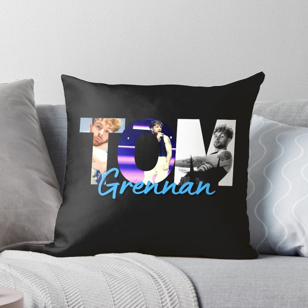 Soft pillow featuring a Tom Grennan t-shirt design and sticker, perfect for music fans.