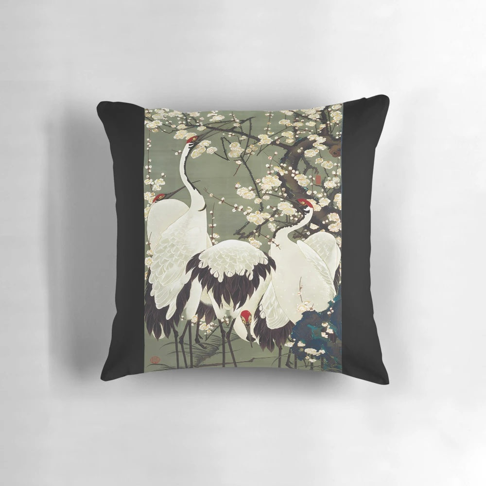 Vintage Japanese woodblock art print of majestic plum blossom and cranes by renowned artist Ito Jakuchu