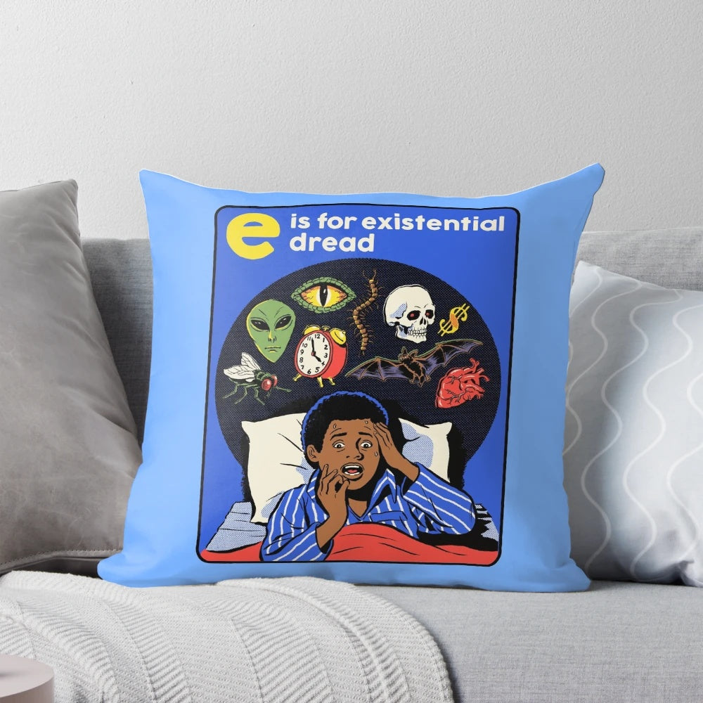 Existential Dread Pillow featuring a retro, horror-themed design with a skull and alien motif