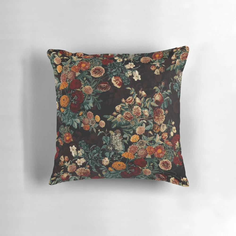 Exotic garden night botanical pillow featuring tropical leaves, fruit, and vintage elements