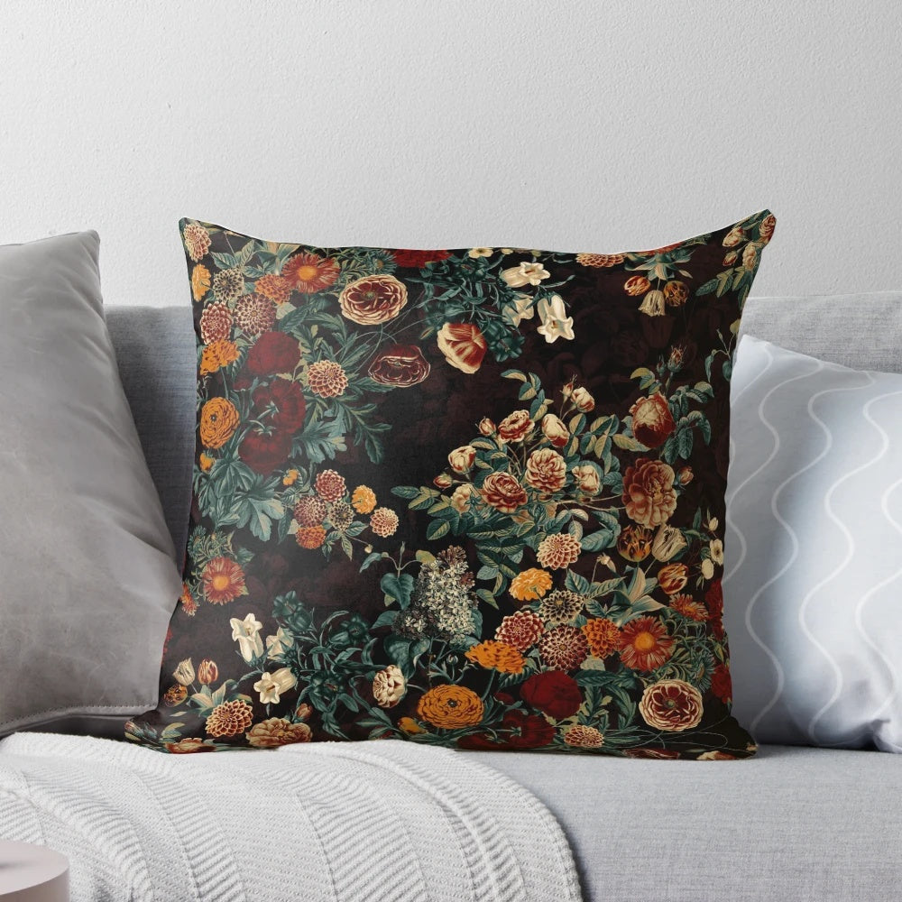 Exotic garden night botanical pillow featuring tropical leaves, fruit, and vintage elements