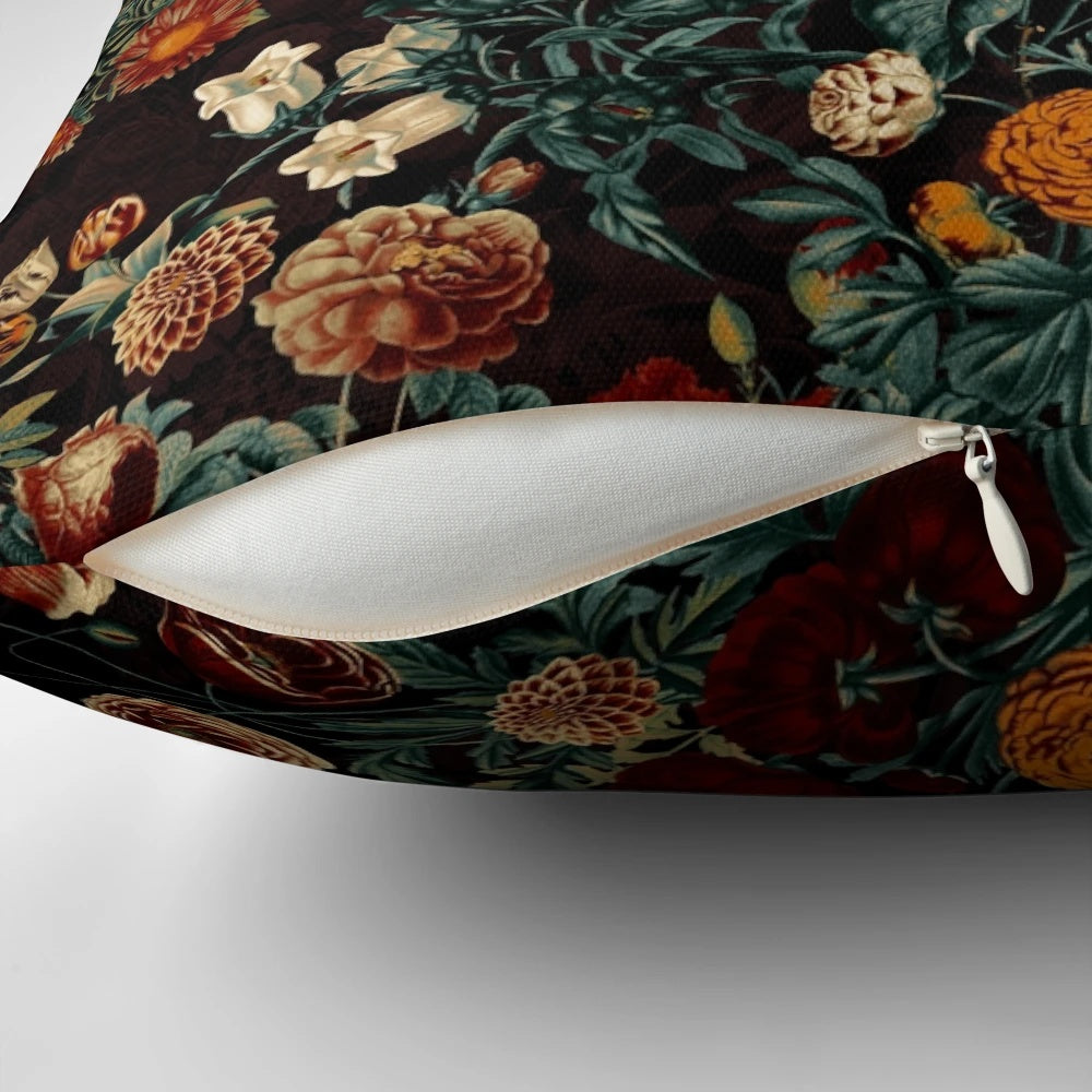 Exotic garden night botanical pillow featuring tropical leaves, fruit, and vintage elements