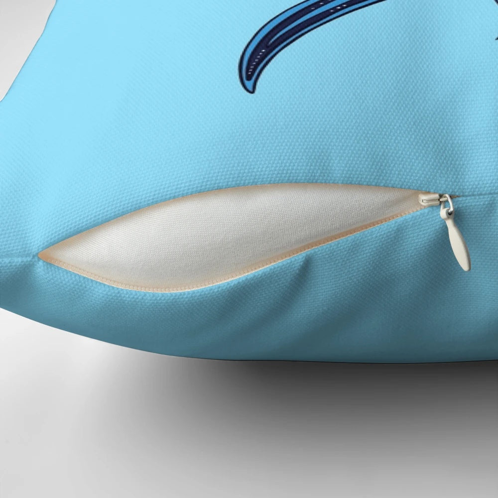 Vibrant blue and white pillow featuring the stunning Glaucus Atlanticus nudibranch, a fascinating marine invertebrate species.
