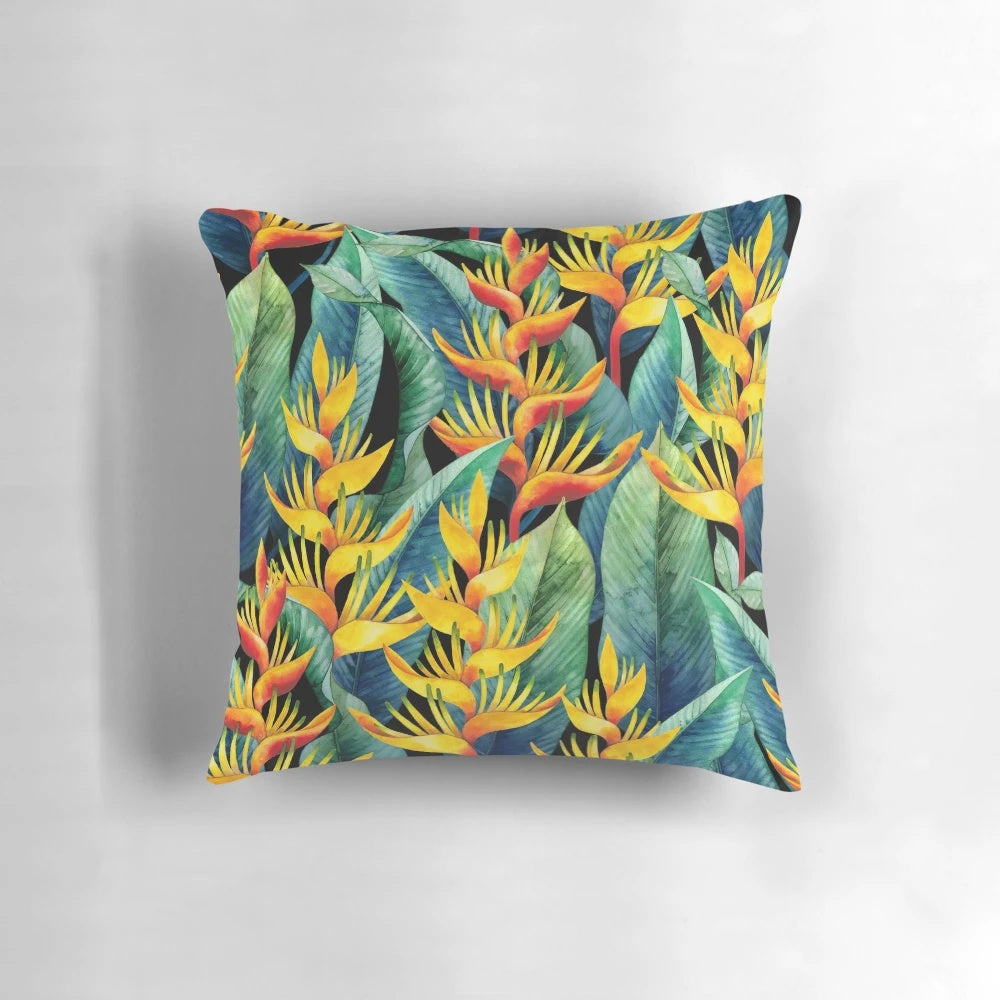 Vibrant watercolor heliconia flower print on a soft, plush pillow for a tropical, spa-like ambiance.