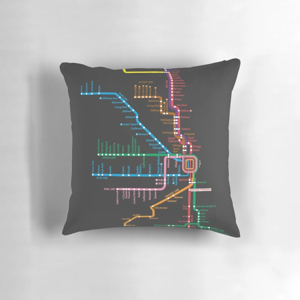A decorative pillow featuring a detailed map of the Chicago Transit Authority (CTA) train and subway system.